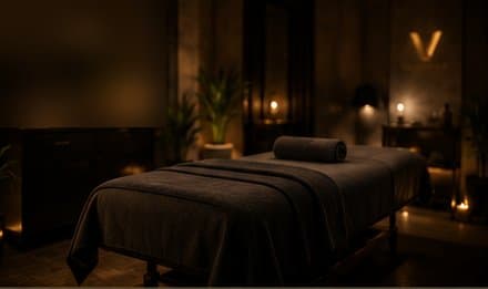 Ruhiger Behandlungsraum einer Massagepraxis mit vorbereiteter Liege