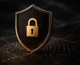 Goldenes Schutzschild mit Schloss als Symbol für Datensicherheit